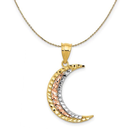 14k Yellow & Rose Gold with Rhodium D/C Crescent Moon Necklace - 16 In